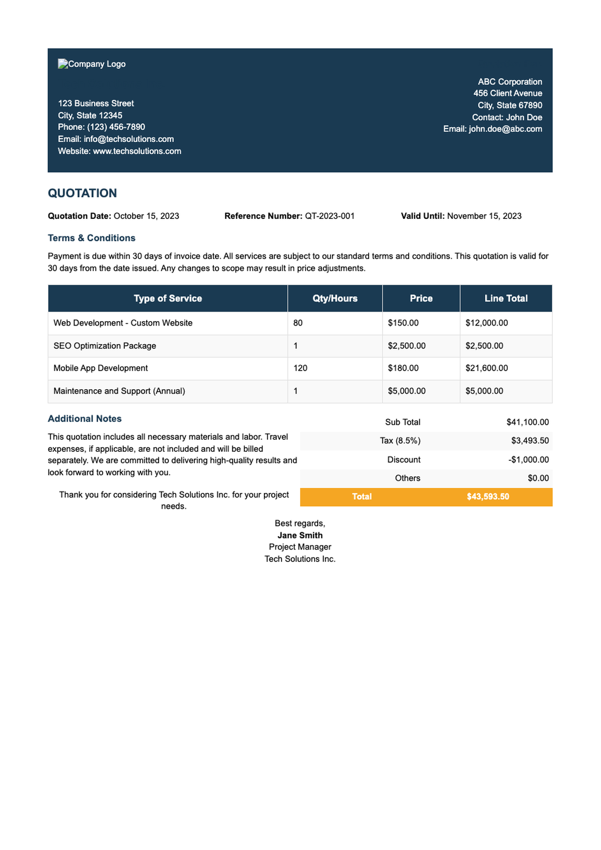 Professional quotation template with blue header and event details_variant_1